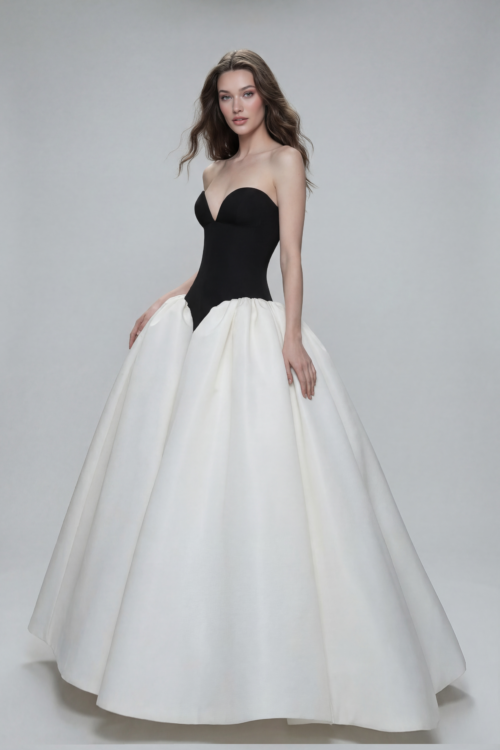 Ivory Sculptural Skirt with Black Corset Evening Dress