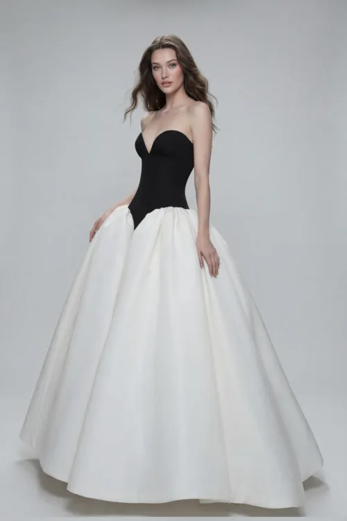 Ivory Sculptural Skirt with Black Corset Evening Dress