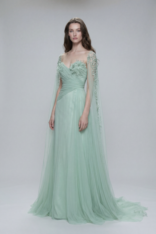 Mint Green Floral Embellished Tulle Dress with Cape Sleeves