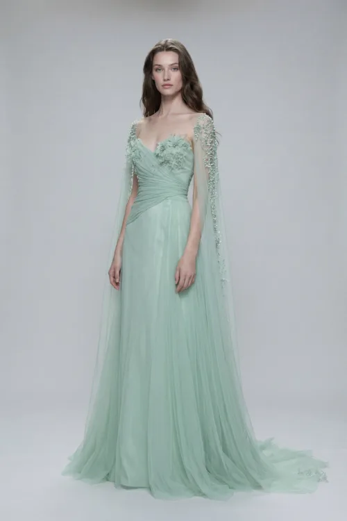 Mint Green Floral Embellished Tulle Dress with Cape Sleeves