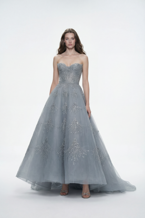 Hand Embroidered Strapless Tulle Couture Dress