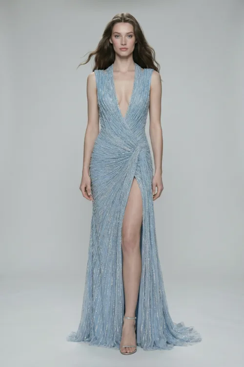 Ice Blue Embellished Draped Evening Dress