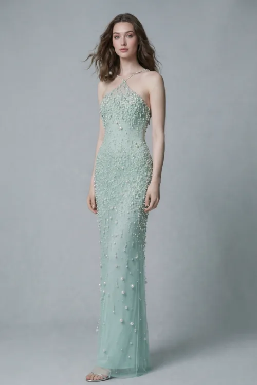 Mint Green Halo Pearl Beaded Evening Dress