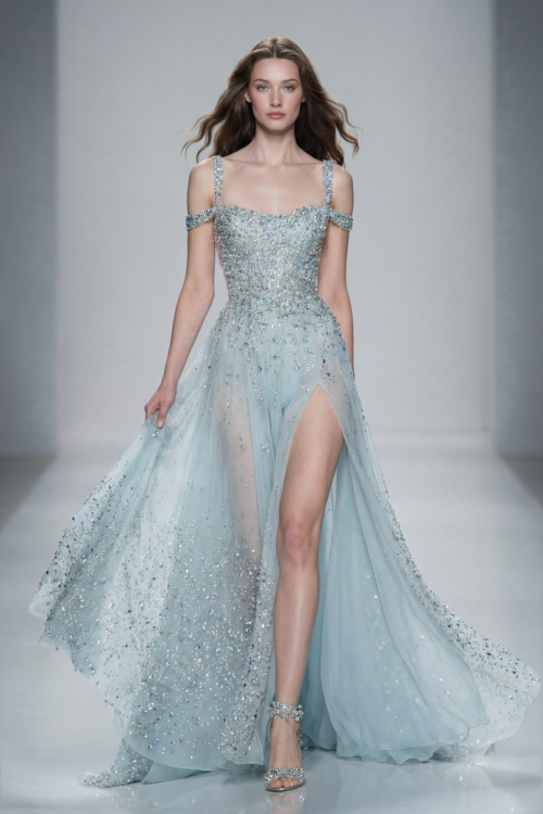 Ice Mint Blue HandEmbellished Evening Dress with Crystal Details and High Slit