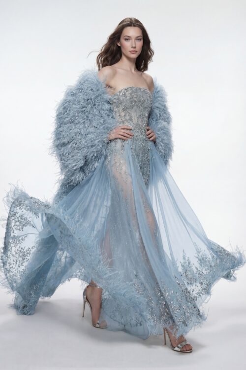 Troposphere Color Feather Embellished Couture Long Evening Dress