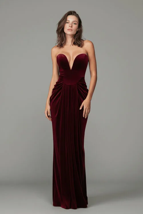 Burgundy Velvet Deep V Couture Dress