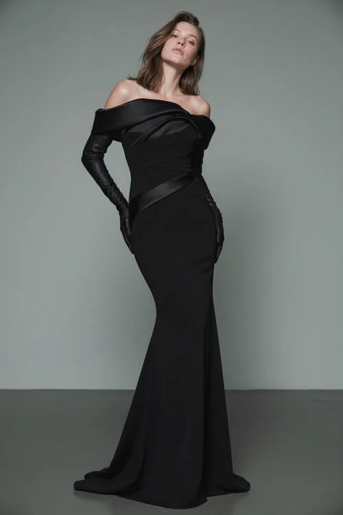 Off-Shoulder Draped Black Evening Dress