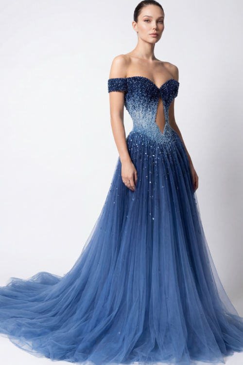 Off-Shoulder Embellished Tulle Crystal Embellished Evening Dress with Gradient Detailing