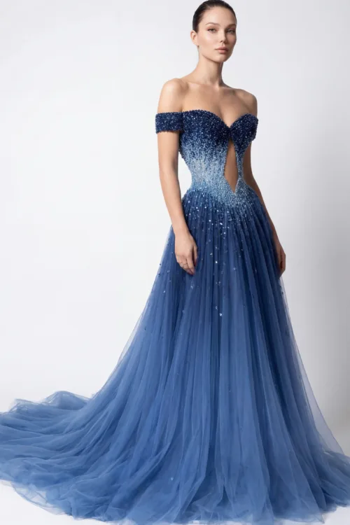 Off-Shoulder Embellished Tulle Crystal Embellished Evening Dress with Gradient Detailing
