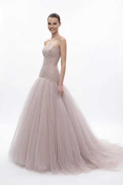 Strapless Draped Tulle Mermaid Dress with Soft Volume Skirt