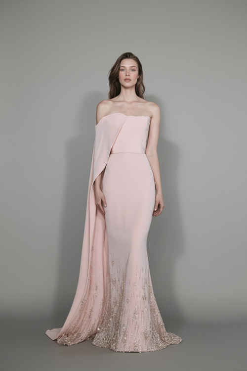 Blush Draped Strapless Evening Dress with Embellished Hem