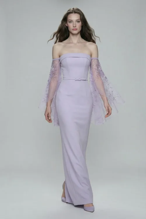 Lavender Pink Strapless Column Dress with Embellished Tulle Sleeves