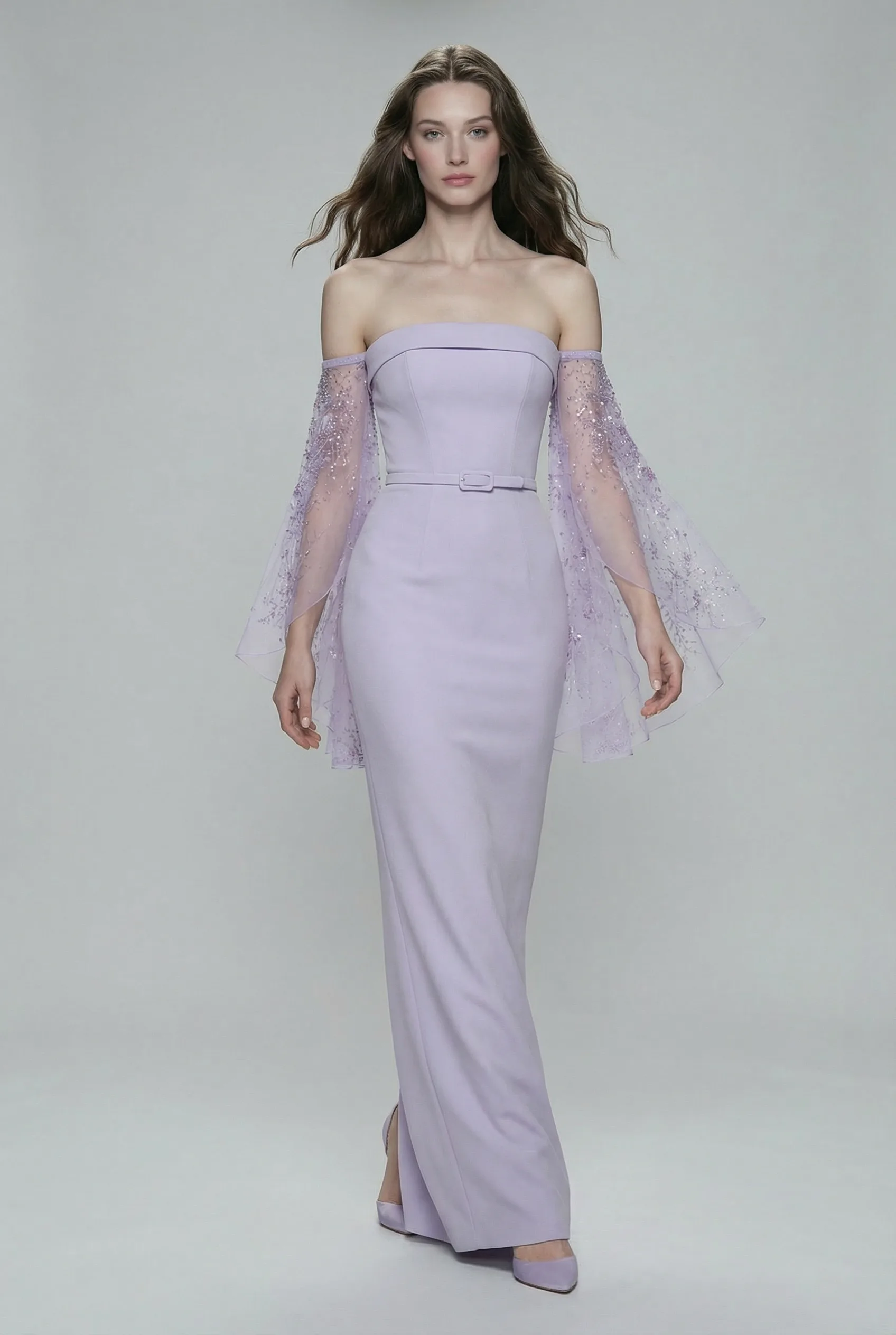 Lavender Pink Strapless Column Dress with Embellished Tulle Sleeves - 1