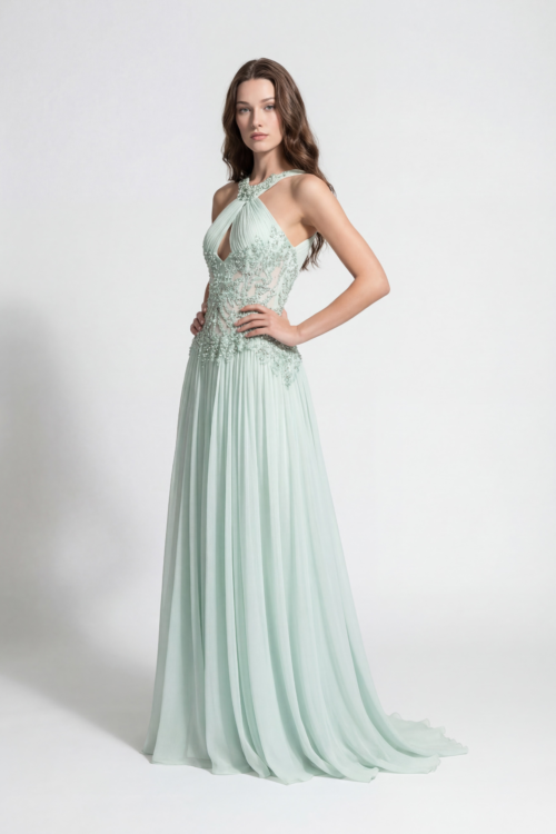 Halter Neck Embellished Chiffon Evening Dress with Pleated Skirt