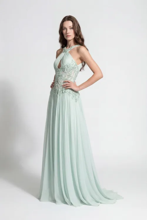 Halter Neck Embellished Chiffon Evening Dress with Pleated Skirt