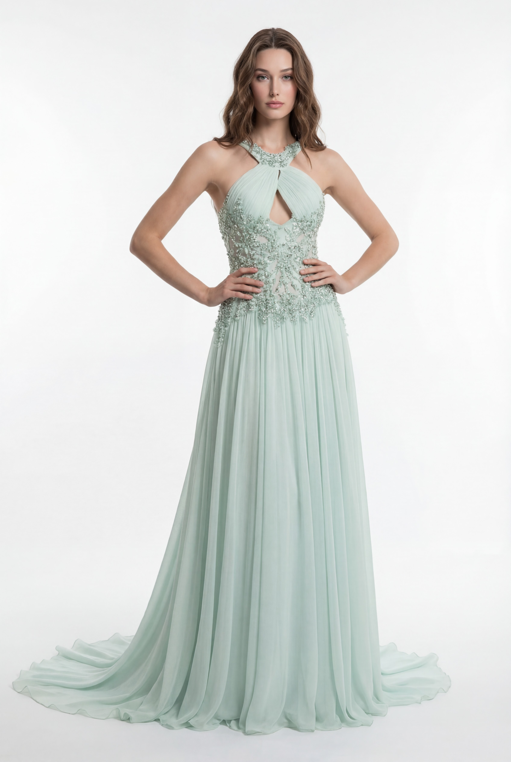 NCC136B Halter Neck Embellished Chiffon Evening Dress with Pleated Skirt - 3