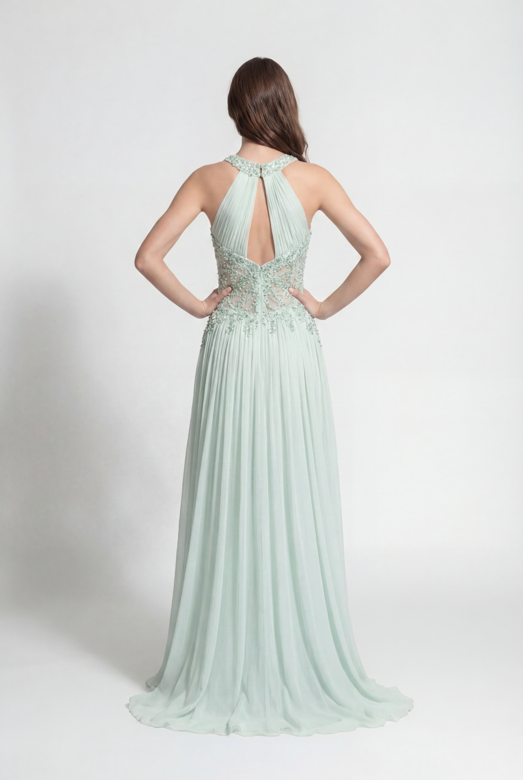 NCC136C Halter Neck Embellished Chiffon Evening Dress with Pleated Skirt - 2