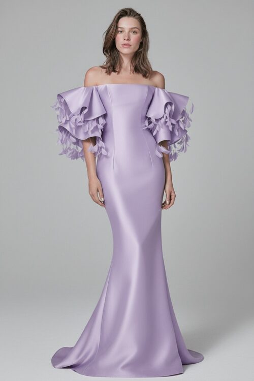 Off Shoulder Lilac Satin Evening Dress