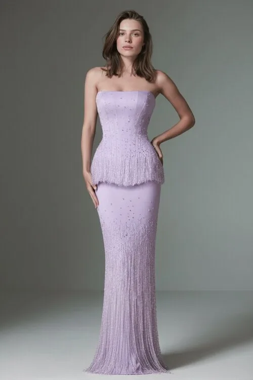 Strapless HandBeaded Fringe Evening Dress