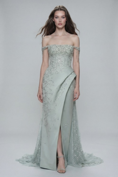 Silver Sequin Embellished Draped Off Shoulder Satin Evening Dress