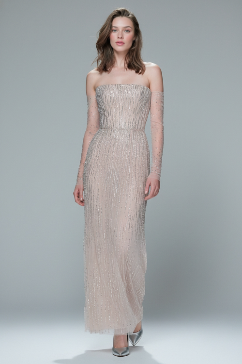 Champagne Crystal Embellished Strapless Evening Dress