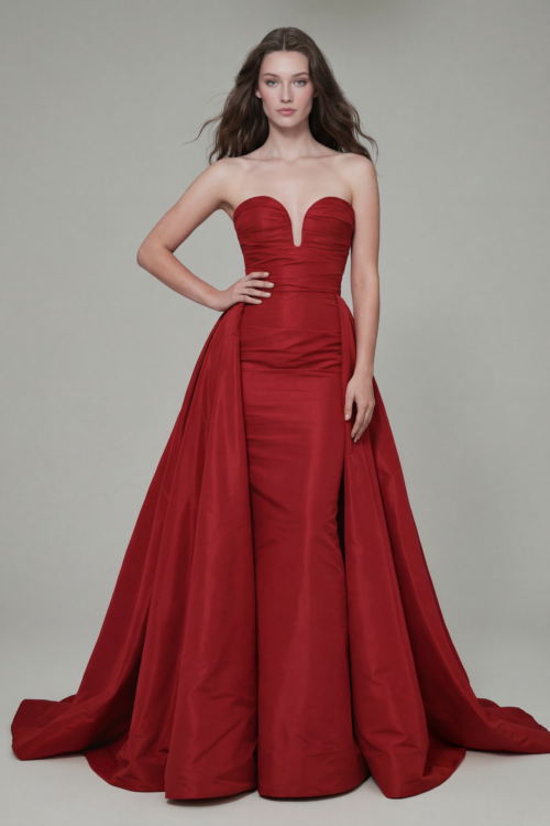 Structured Strapless Corset Dress with Draped Overskirt and Train
