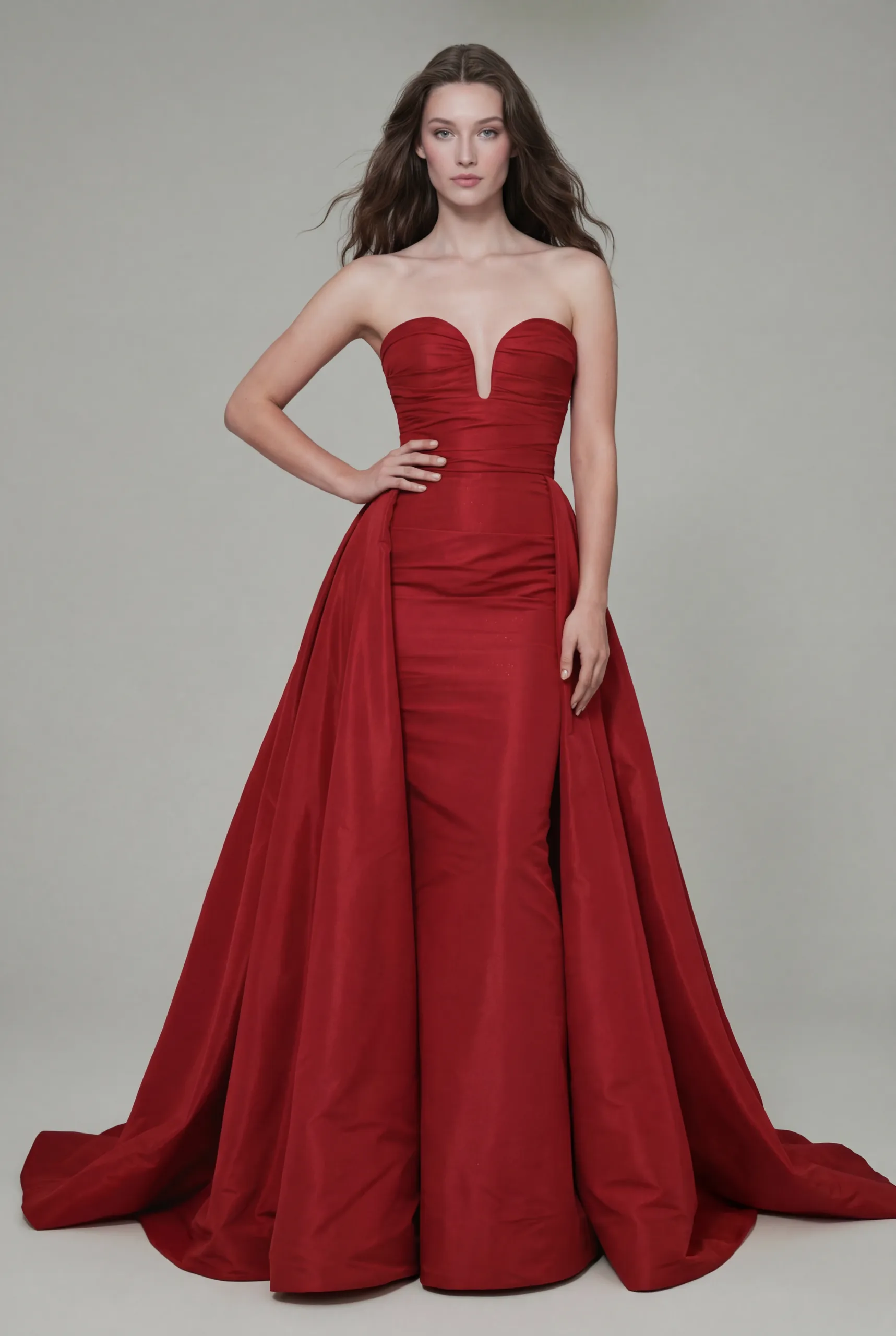 Structured Strapless Corset Dress with Draped Overskirt and Train - 1