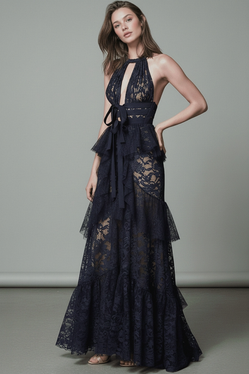 Deep V Halter Neck Lace Dress with Corset Waist and Tiered Skirt