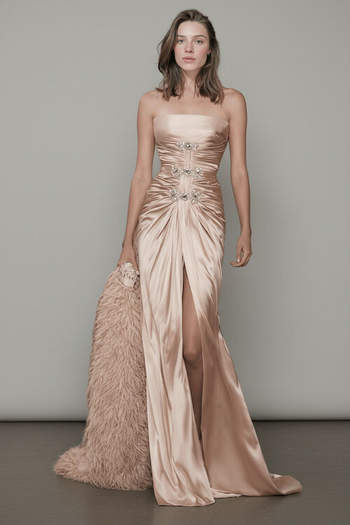 Strapless Ruched Satin Evening Dress with Embellished Detail - 4