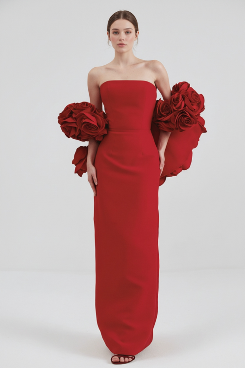 Strapless Column Dress with Sculpted Rose Volume Sleeves
