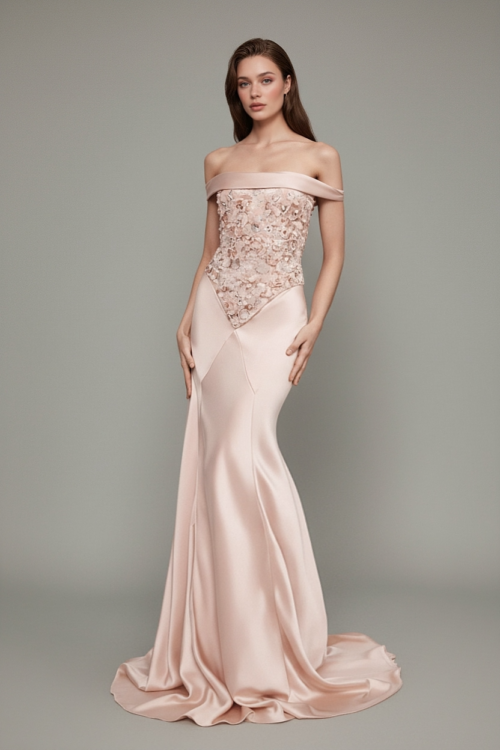 Blush Off Shoulder Embellished Corset Evening Dress