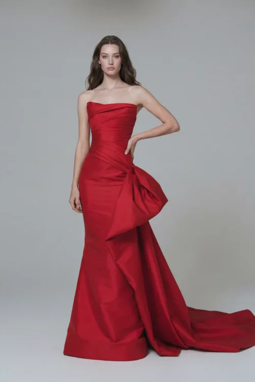 Red Strapless HandDraped Couture Dress