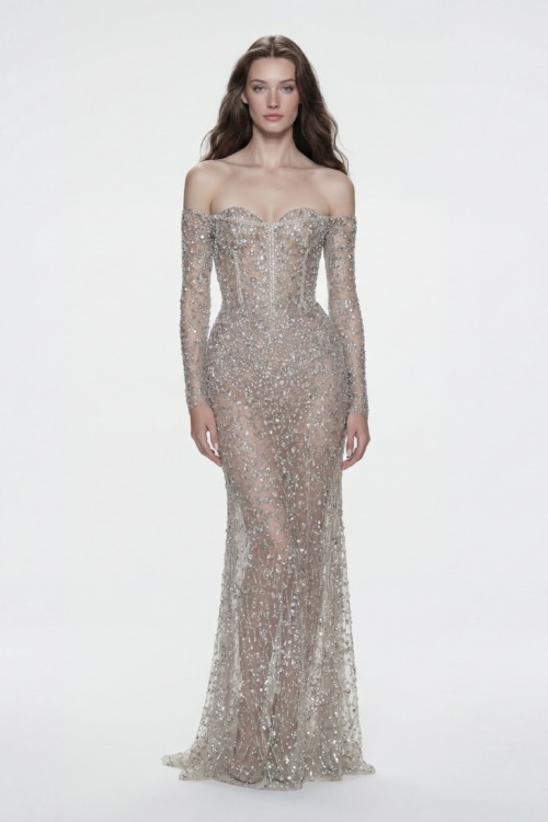 Champagne Nude Crystal Embellished Couture Evening Dress