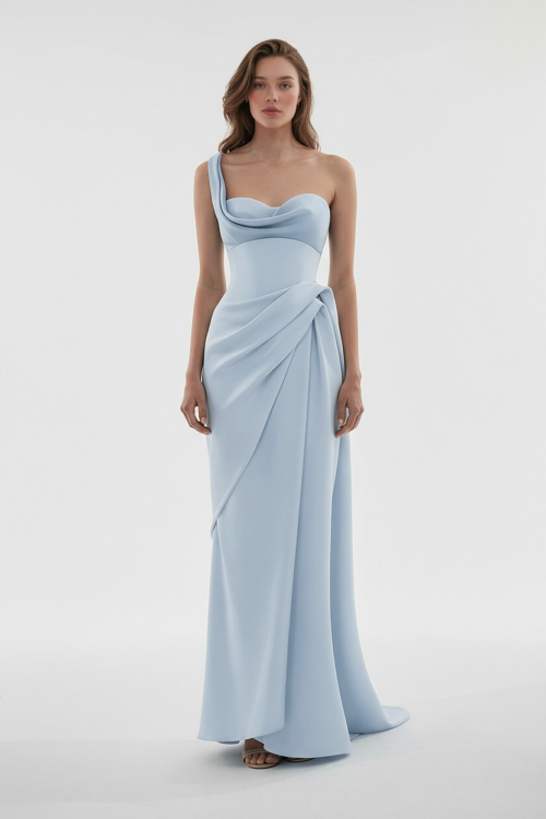 Ice Blue One Shoulder Draped Evening Dress