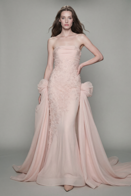 Blush Floral Embellished Draped Evening Gown