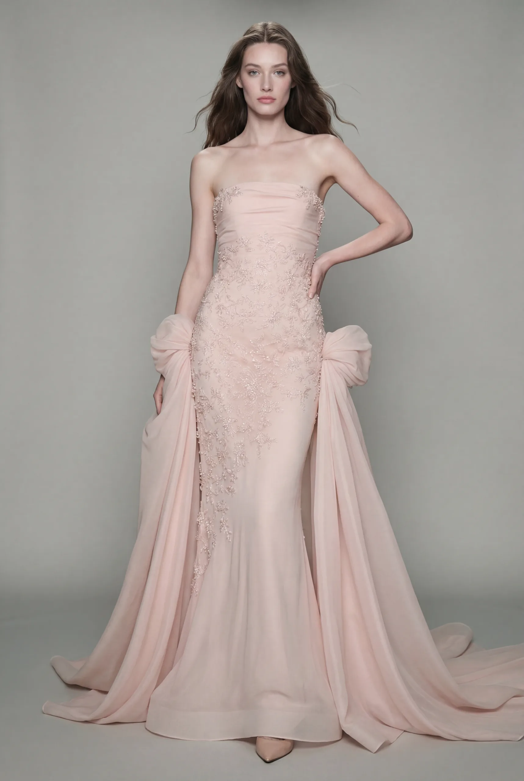 Blush Floral Embellished Draped Evening Gown - 1