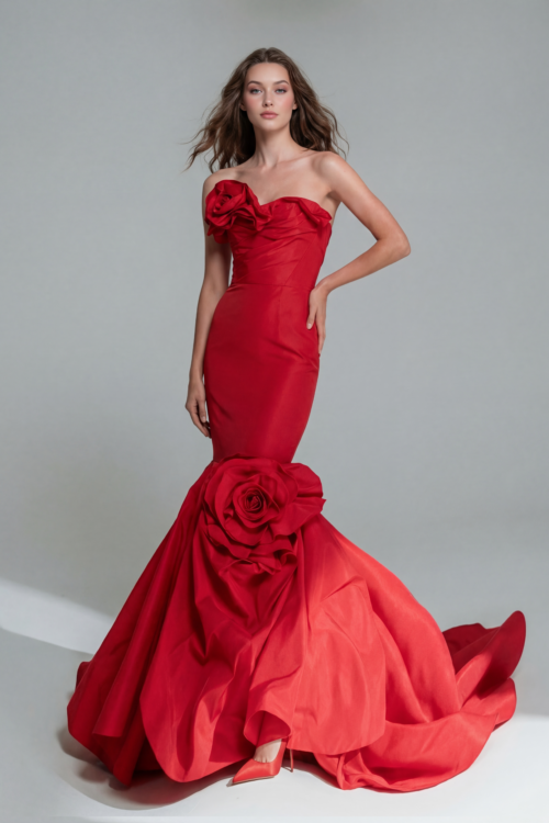 Red Off-Shoulder Mermaid Evening Dress with Rose Details