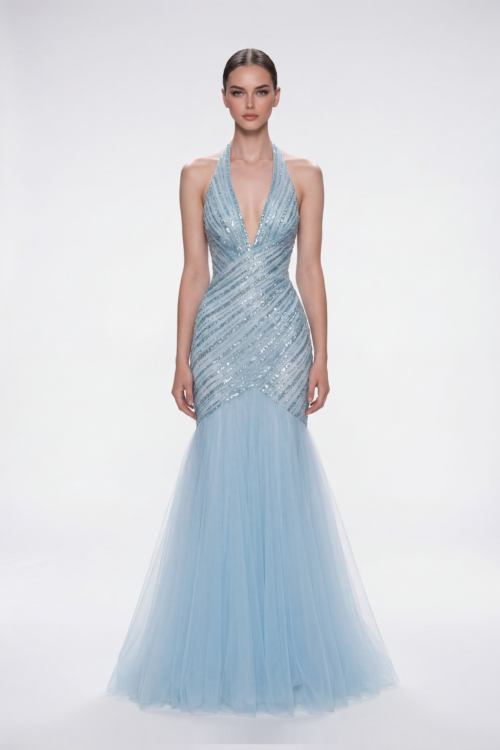Halter Neck Embellished Evening Dress with Tulle Mermaid Skirt