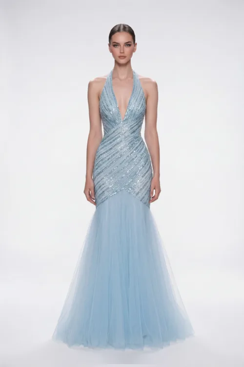 Halter Neck Embellished Evening Dress with Tulle Mermaid Skirt