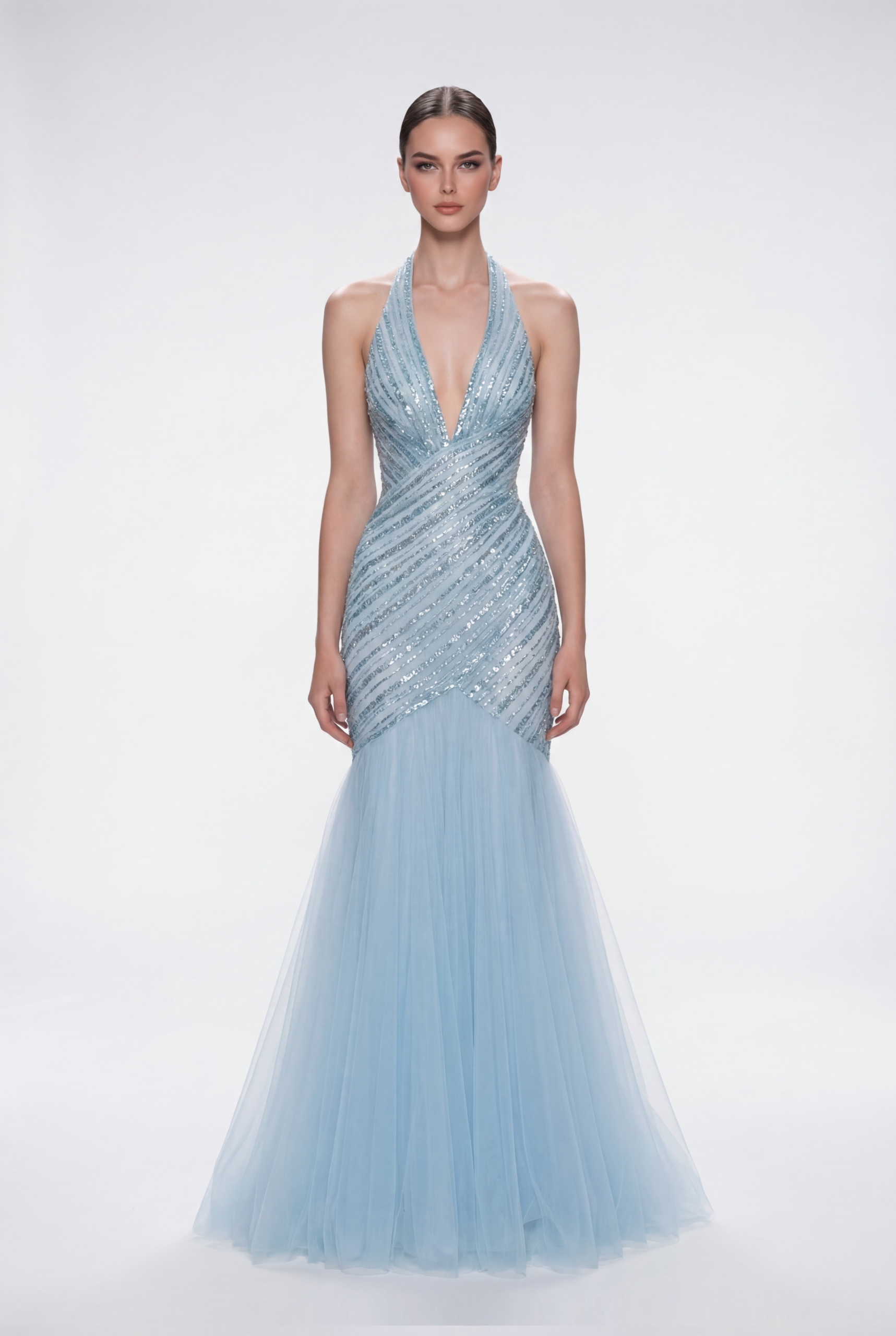 NCC178 Halter Neck Embellished Evening Dress with Tulle Mermaid Skirt - 1