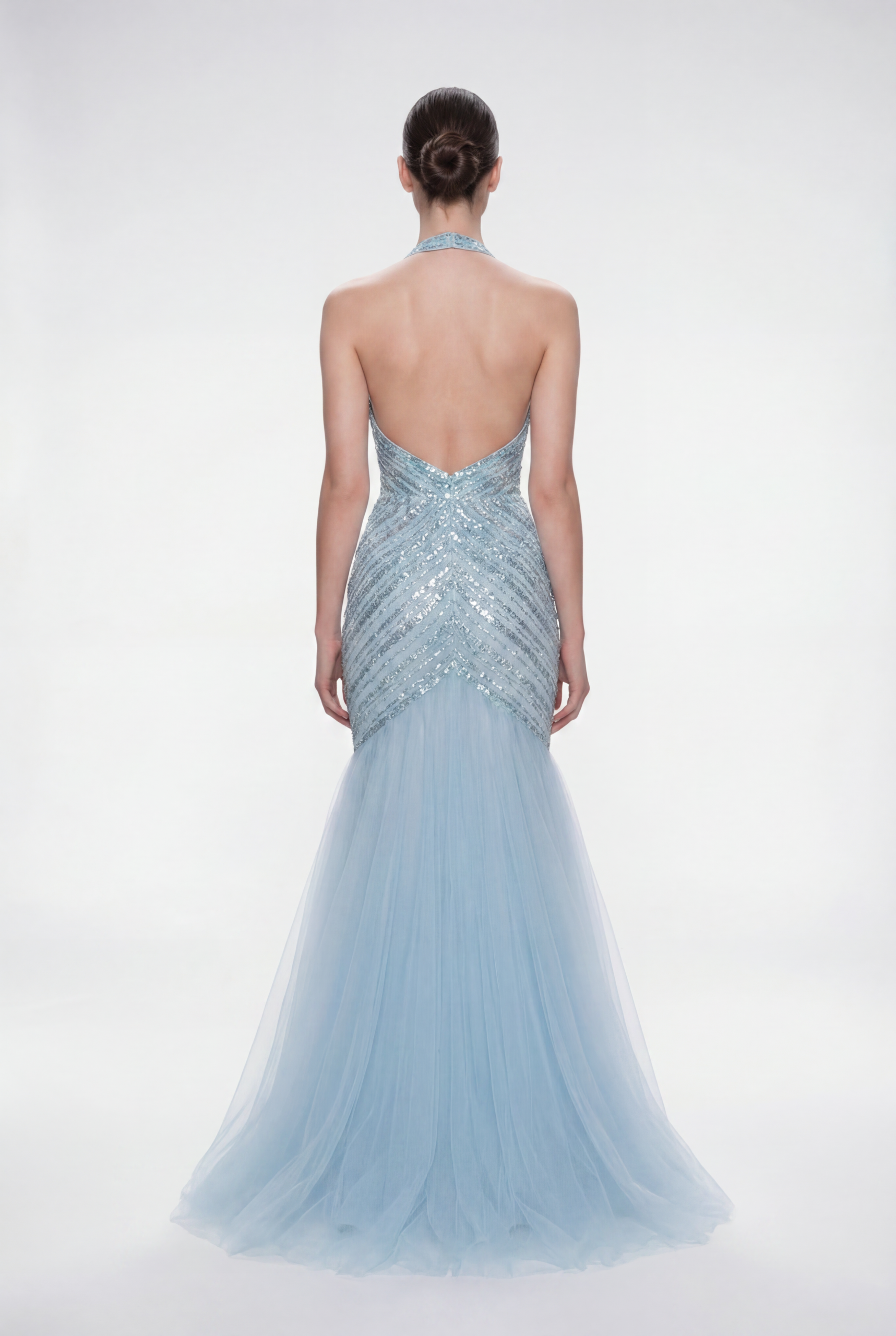 NCC178B Halter Neck Embellished Evening Dress with Tulle Mermaid Skirt - 2