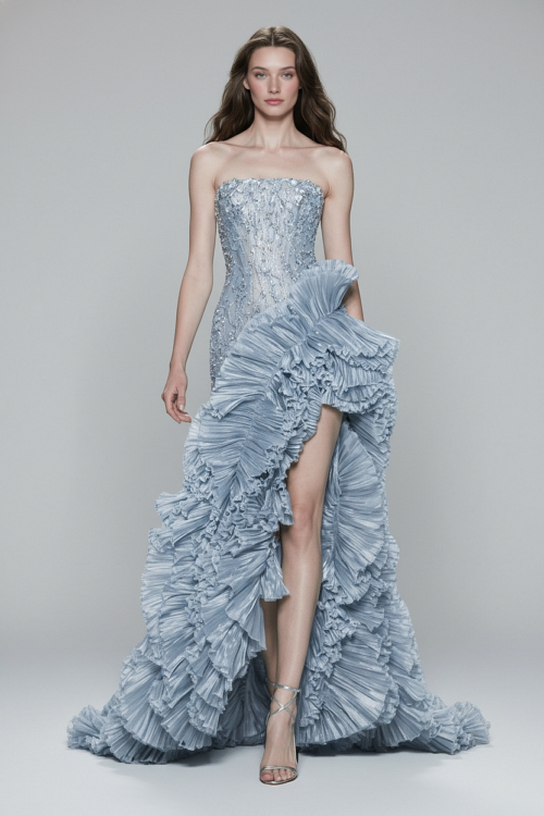 Strapless Corseted Column Dress with Cascading Ruffled High-Slit Skirt