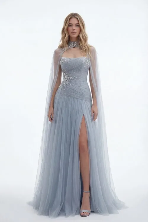 Soft Ice Blue Pearl Embellished Tulle Dress with Draped Pearls Embellished Cape