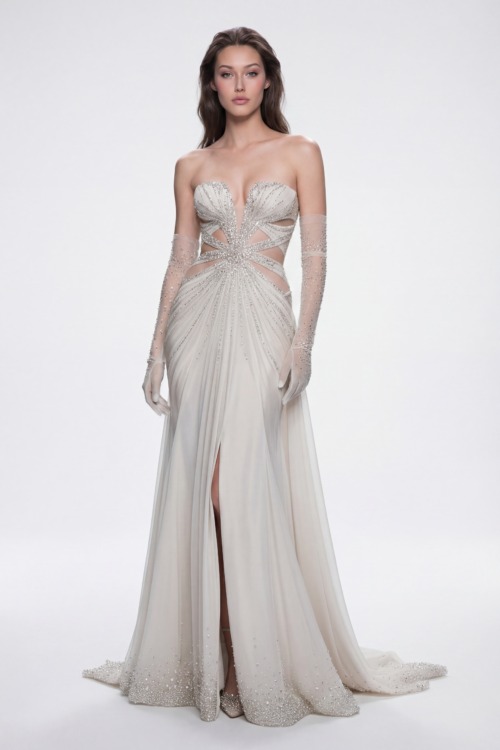 Ivory Crystal Cut Out Silk Strapless Evening Dress