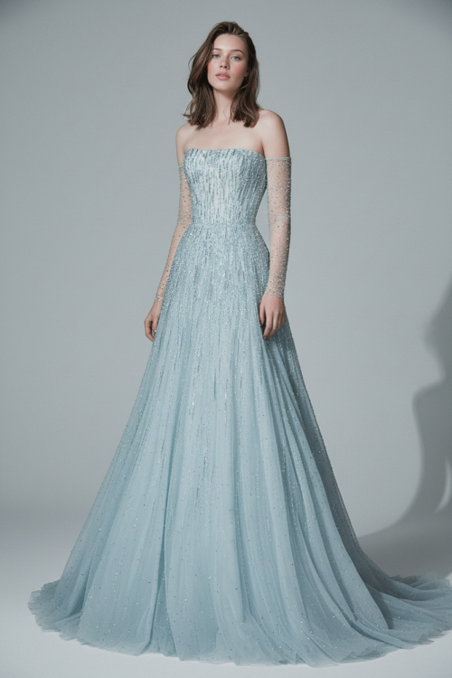 Ice Blue Crystal Embellished Strapless Evening Dress