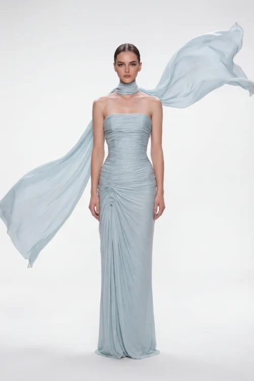 Strapless Draped Evening Dress with Chiffon Scarf Detail