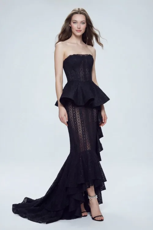 Strapless Lace Evening Dress with Peplum Detail and Ruffled Skirt