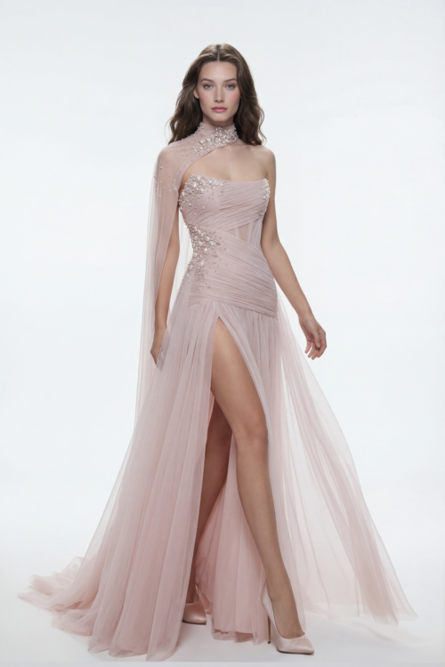 Blush Pearl Embellished One Shoulder Tulle Evening Dress