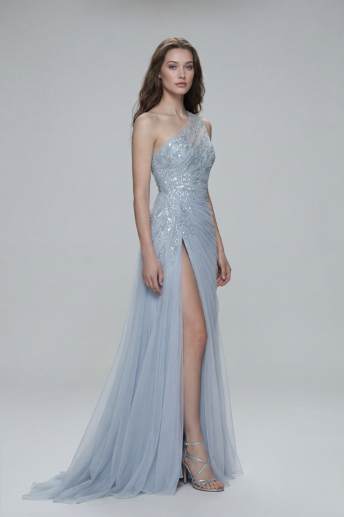 Powder Ice Blue One Shoulder Embellished Tulle Evening Dress