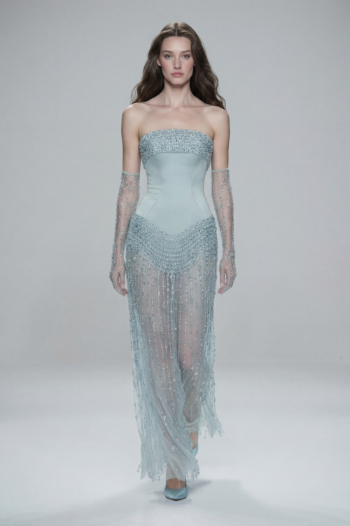 Ice Blue Beaded Strapless Tulle Dress with Sheer Gloves
